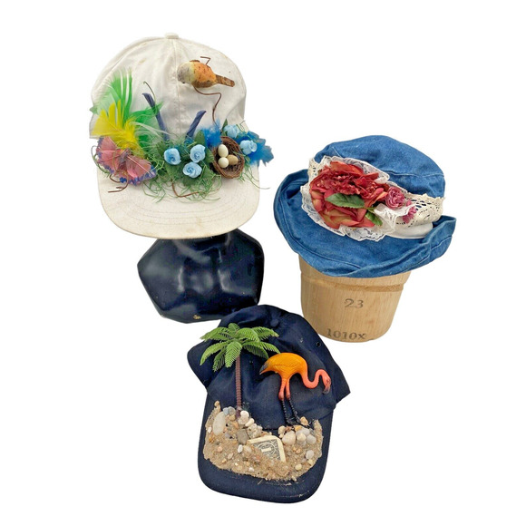 FUNKY Homemade Hats Caps Flamingo Palm Tree Seashells Bird Lot of 3 - Picture 1 of 16